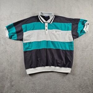 Vintage Envoy Mens XL Colorblock Striped Polo Shirt Teal Black Grey 90s Retro